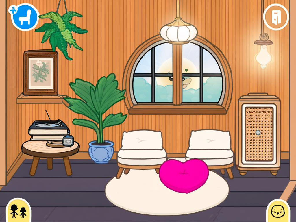 A digital, cozy domestic scene featuring a circular wooden chair with a white cushion and a pink heart-shaped pillow. The room has wooden-paneled walls with a slanted ceiling and a wooden door on the left. A vintage, yellow-toned lamp hovers above a side table with an open book and a rolled-up scroll. Next to the table is a small potted fern on the floor. A retro, tan-colored radio sits on a shelf along with neatly stacked books. Two circular windows are present. The floor tiles feature a light pattern.

highly detailed, full of details, masterpice, scenary, healing color tone
