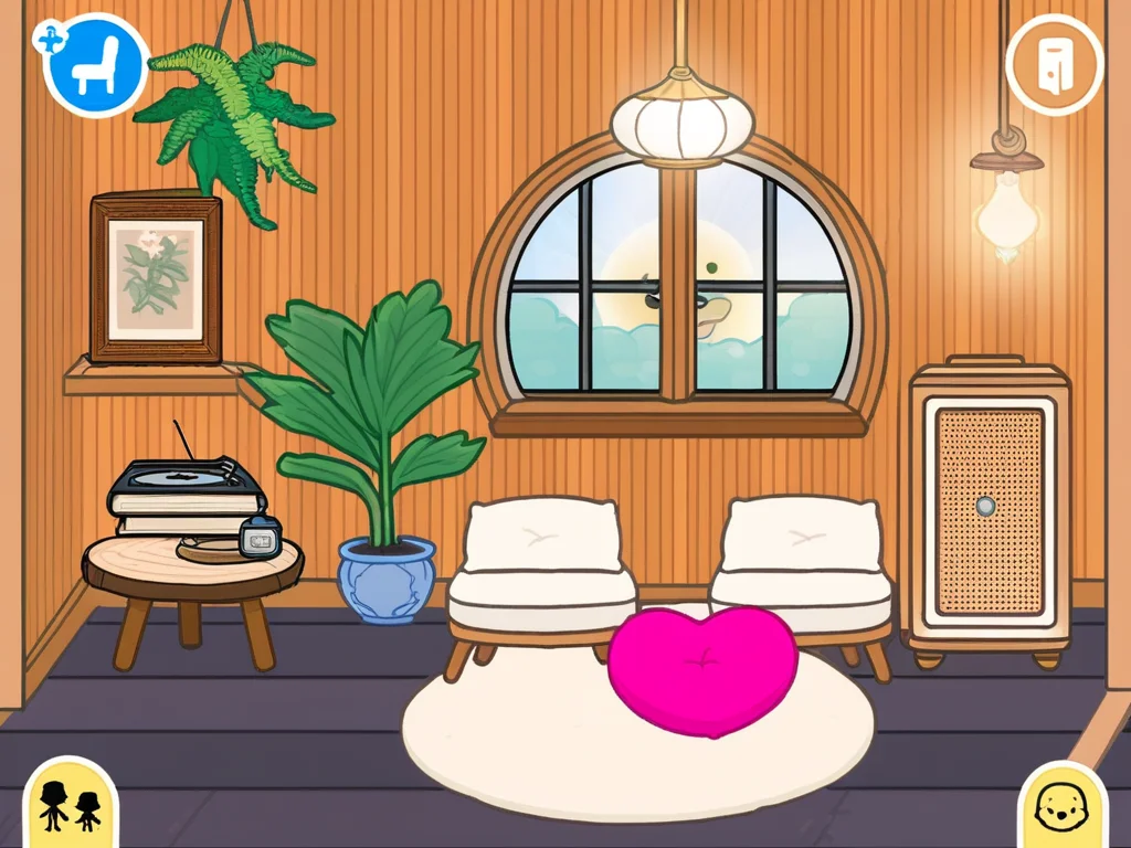 A digital, cozy domestic scene featuring a circular wooden chair with a white cushion and a pink heart-shaped pillow. The room has wooden-paneled walls with a slanted ceiling and a wooden door on the left. A vintage, yellow-toned lamp hovers above a side table with an open book and a rolled-up scroll. Next to the table is a small potted fern on the floor. A retro, tan-colored radio sits on a shelf along with neatly stacked books. Two circular windows are present. The floor tiles feature a light pattern.
highly detailed, full of details, masterpice, scenary, healing color tone