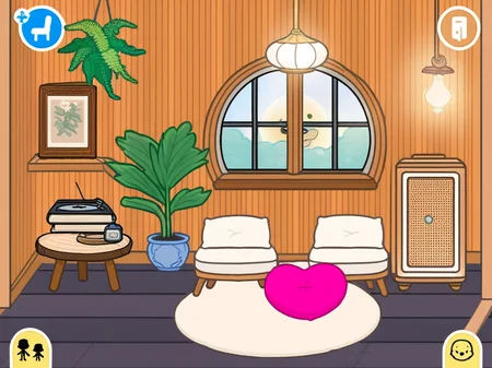 A digital, cozy domestic scene featuring a circular wooden chair with a white cushion and a pink heart-shaped pillow. The room has wooden-paneled walls with a slanted ceiling and a wooden door on the left. A vintage, yellow-toned lamp hovers above a side table with an open book and a rolled-up scroll. Next to the table is a small potted fern on the floor. A retro, tan-colored radio sits on a shelf along with neatly stacked books. Two circular windows are present. The floor tiles feature a light pattern.
highly detailed, full of details, masterpice, scenary, healing color tone