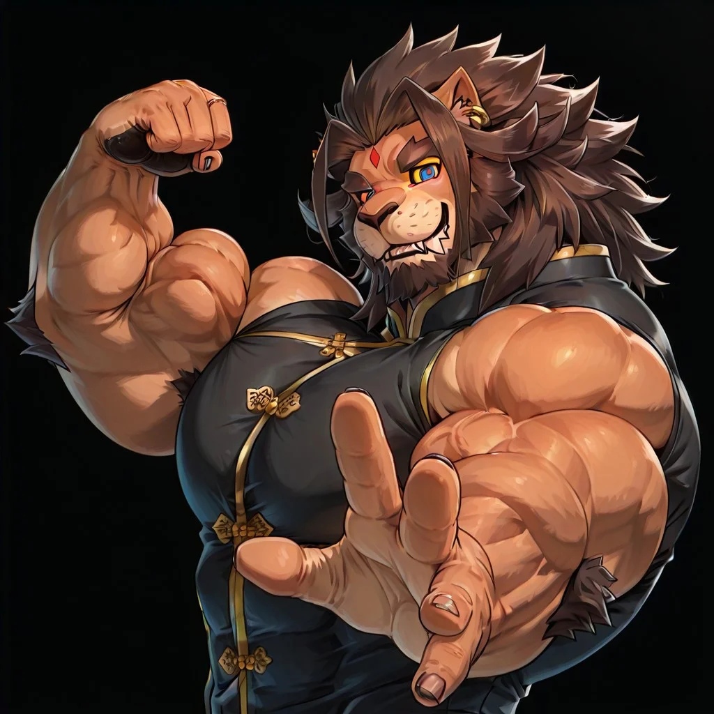 RESET, score_9,score_8_up,score_7_up, Highest Quality, 4k, masterpiece, Amazing Details, best quality, detailed image, good illumination, rating_explicit, proportionate body, BREAK, solo, bara, daddy, high testosterone, bara, (hyper muscles:1.8), big muscles, high muscle mass, heavyweight bodybuilder, handsome, sexy, confident, badass, sexy grin, (hyper pectorals:2.0), (hyper biceps:2.0), (side view:3.0), (standing:2.1), (looking at viewer:3.0), (black background:2.5), (flexing one hand:3.0), (reaching towards viewer:3.0), close up, (upper body focus:3.0),
barong (tas), lion boy, third eye (marking), forehead jewel, yellow sclera, blue eyes, black shirt, chinese clothes, brown hair, piercing, earrings,