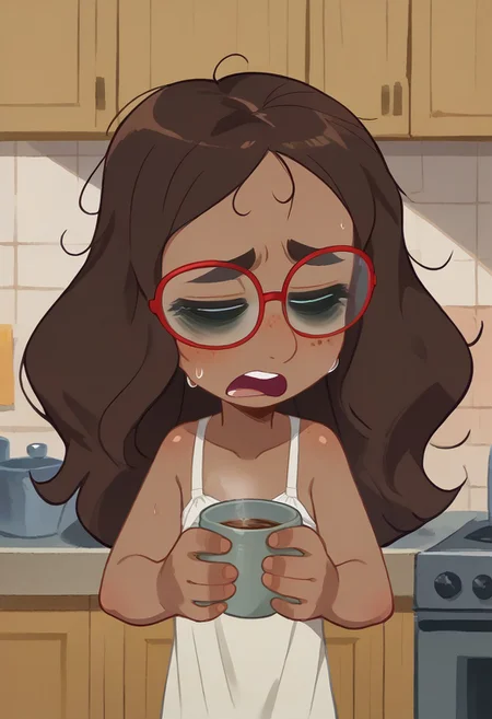 score_9, score_8, score_7, score_6, solo, indoors, sweat, freckles, 
$heela,long wavy hair, brown hair, thick eyebrows, dark-skinned female, black eyes, flat chest, young,, ,dark-red frame glasses, ,  indoors, kitchen background, wear only negligee, loose clothes, one hand holding cup of coffee, one hand on hip, perfect hands, bags under eyes, sleepy eyes, messy hair, loose clothes, eyes closed, yawning, show accurate, perfect hands, perfect anatomy,