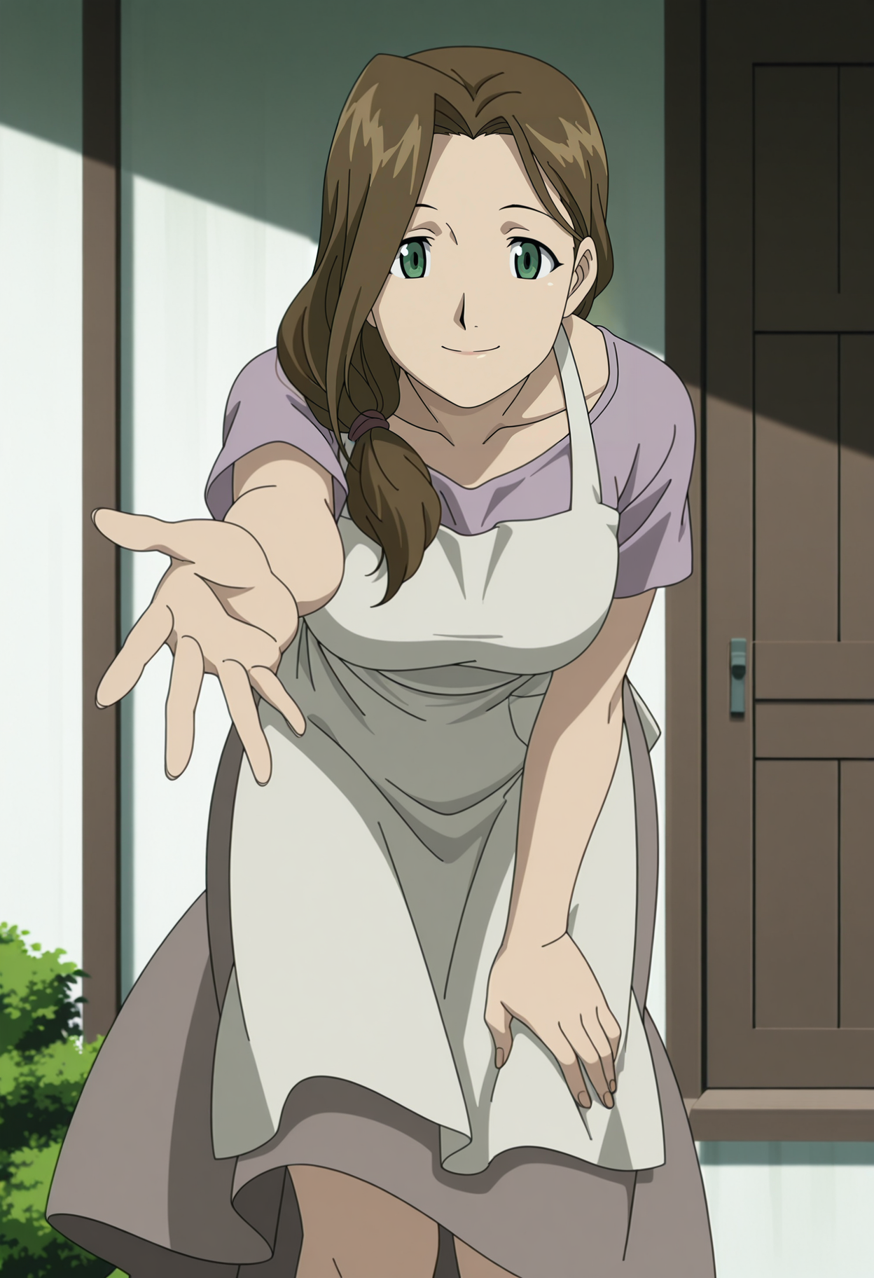 1girl,solo,tr,mature female,brown hair,long hair,green eyes,hair over shoulder,anime coloring,
shirt,apron,skirt,leaning forward, hand on own thigh,outstretched arm, looking at viewer, smile,wind,outdoors,
,masterpiece,best quality,amazing quality,<lora:Trisha_ElricSloth-Fullmetal_Alchemist_2003:0.8>