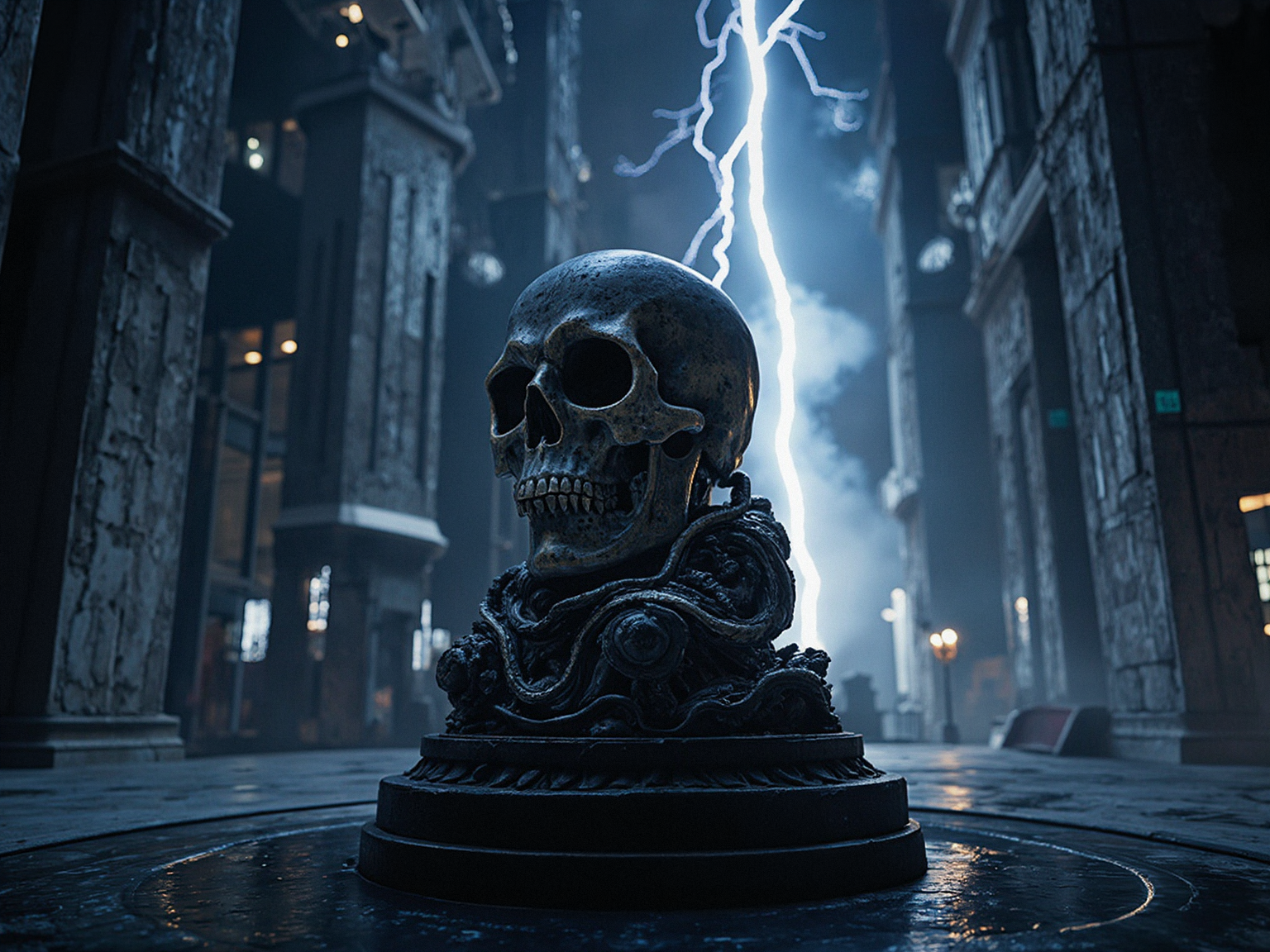 In a dimly lit, cavernous space, an imposing mega structure looms large, its sleek, metallic surface reflecting the faint, ambient glow of the city outside. The air is electric with anticipation as a burst of lightning illuminates the darkness, followed by a deafening crack of thunder.  Amidst this turbulent backdrop, a proud and defiant skull sits atop a pedestal, gazing off to the side with an unyielding expression. Its bony features seem to radiate an aura of confidence, as if daring the stormy weather to challenge its dominance.  In the foreground, a mesmer, <lora:Flux_Turbo_Alpha.safetensors:1.0> <lora:aidmaGLOW-FLUX-V0.1.safetensors:0.5> aidmaGlow glow <lora:flux.1_lora_flyway_Epic-detail_v2.safetensors:0.4> epic gorgeous details