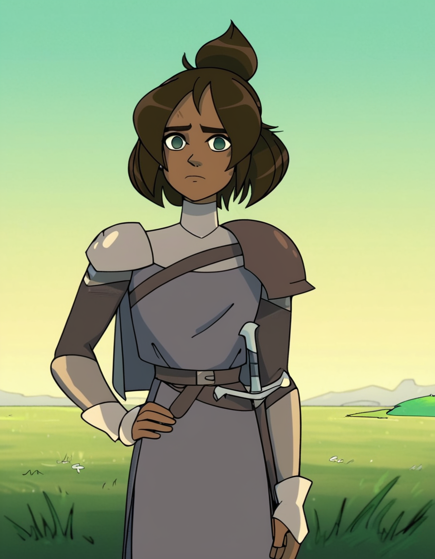 <lora:Rider.CentaurWorldPony:1.0>Rider, brown hair,grass field, armor, shoulder armor, solo, sheath, dark-skinned female, sword, 1girl, pauldrons, short hair, outdoors, sky, blue sky, hair bun  score_9, score_8_up, score_7_up, score_6_up, score_5_up, score_4_up,, looking at viewer, cowboy shot,hand on own hip,