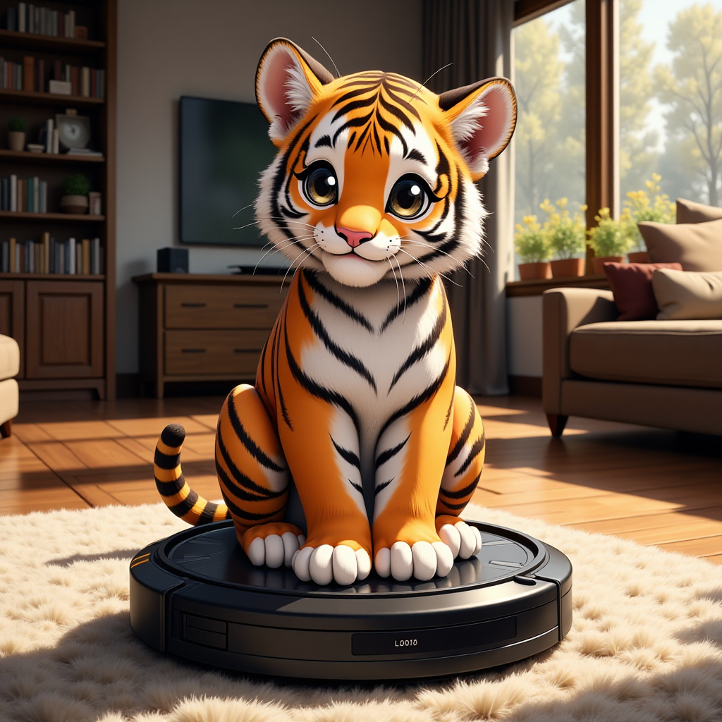 An tiger sits on a robotic vacuum cleaner on a carpet in the living room. Anime.
