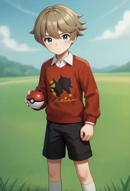 score_9, score_8_up, score_7_up, source_anime, highly detailed, 1boy, solo,
youngster, 1boy, male focus, blue eyes, solo, brown hair, collared shirt, bangs, closed mouth, stand, shorts, socks, poke ball, poke ball (basic), holding, holding poke ball,
outdoor, grass, sky,