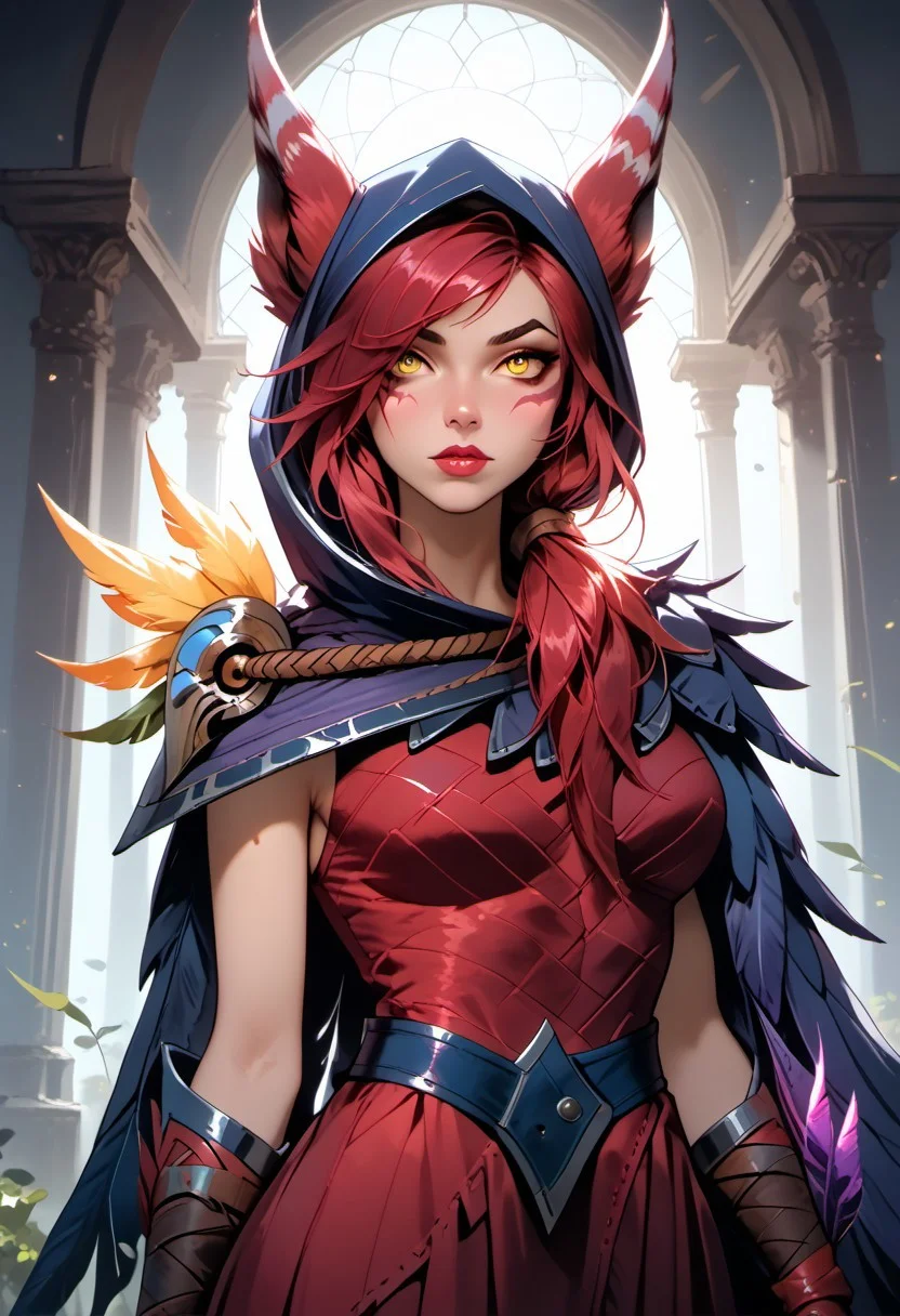 Stable_Yogis_PDXL_Positives, (score_9, score_8_up, score_7_up), ((Greek mythology style)), ((face focus, eye focus, dynamic angle, motion)), 1girl, solo, fantasy, (XayahNormal, 1girl, solo, red animal ears, facial marks, yellow eyes, red long hair), (vambraces,feather cloak,hood,red leather dress,bandages on legs,bird legs), lace, cape, breathless intimacy, tanned skin, petite model bombshell, heart, young, delicate features, narrow pointy nose, tiny nose, lust, big eyes, seductive eyes, blue eyes, detailed skin, flared lashes, mascara, makeup, perky huge breasts, athletic body, narrow waist, skinny hips,
warm light, detailed, neon dark party
BREAK
milky way, runes, arcane, astral, surreal, ethereal glow, masterpiece, best quality, intricate design. colorful, moonlit nightsky, stained glass aesthetic, moody whimsical color palette, murano glass, bold soldering lines, volumetric light shining through, crepuscular rays, intricate craftsmanship, detailed texture, luminous transparency, reflective light play, vivid hues, atmospheric depth, enchanting silhouette, art nouveau,