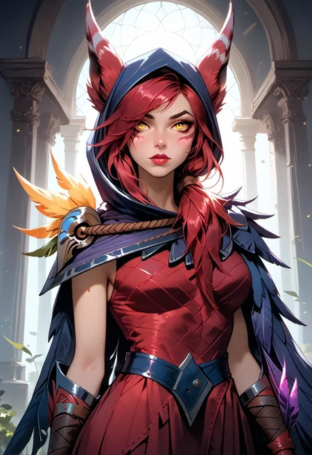 Stable_Yogis_PDXL_Positives, (score_9, score_8_up, score_7_up), ((Greek mythology style)), ((face focus, eye focus, dynamic angle, motion)), 1girl, solo, fantasy, (XayahNormal, 1girl, solo, red animal ears, facial marks, yellow eyes,  red long hair), (vambraces,feather cloak,hood,red leather dress,bandages on legs,bird legs), lace, cape, breathless intimacy, tanned skin, petite model bombshell, heart, young, delicate features, narrow pointy nose, tiny nose, lust, big eyes, seductive eyes, blue eyes, detailed skin, flared lashes, mascara, makeup, perky huge breasts, athletic body, narrow waist, skinny hips, 
warm light, detailed, neon dark party
 BREAK
milky way, runes, arcane, astral, surreal, ethereal glow, masterpiece, best quality, intricate design. colorful, moonlit nightsky, stained glass aesthetic, moody whimsical color palette, murano glass, bold soldering lines, volumetric light shining through, crepuscular rays, intricate craftsmanship, detailed texture, luminous transparency, reflective light play, vivid hues, atmospheric depth, enchanting silhouette, art nouveau,