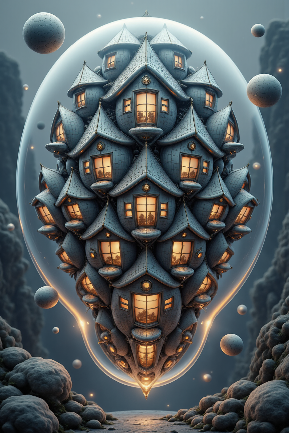 YFG-Ge0m, A village built inside massive, glowing bubbles that drift through the sky. Fractal patterns colorful, Industrial grays: Charcoal, slate, and steel gray for a modern, urban aesthetic, cinematic film still, aesthetic realistic masterpiece.