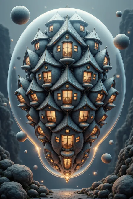 YFG-Ge0m, A village built inside massive, glowing bubbles that drift through the sky. Fractal patterns colorful, Industrial grays: Charcoal, slate, and steel gray for a modern, urban aesthetic, cinematic film still, aesthetic realistic masterpiece.