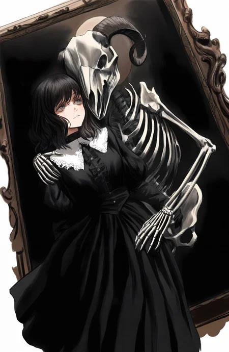 1girl, solo, black_hair, long_sleeves, dress, horns, puffy_sleeves, medium_hair, black_dress, dutch_angle, juliet_sleeves, skeleton, picture_frame