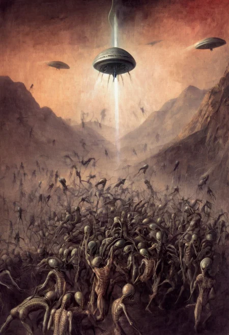 alien invasion, epic, dramatic, battle, horror, by montserrat gudiol
