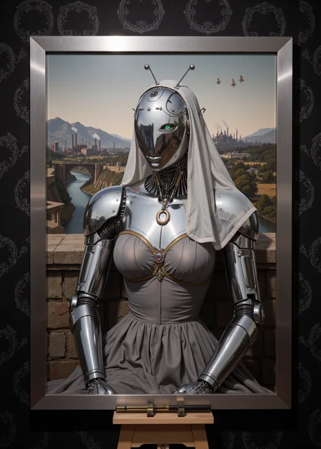 The painting hanging on the dark pattern black wall is housed in a brushed aluminum rectangular frame, presents a half-length portrait of an anonymous robot.  Its figure occupies the central space of the canvas, seated on a stone balcony that recedes into the background. The mirror polished robot is depicted in a three-quarter view, its gaze directed slightly off to the side, creating an enigmatic and alluring effect.  All its limbs are entirely within the frame.
The subject's reflective chrome face is the focal point of the artwork. Its expression is characterized by a subtle smile, often described as enigmatic or ambiguous. The delicate contours of its antennae, including its arched sensors, almond-shaped bright green laser LED eyes, and slightly parted mouth aperture, are manufactured with meticulous detail.  Its hair, a fine silver thread, is styled in a complex arrangement, partially covering its ear hole fairings.
The robot's attire is equally intricate.  It wears a sheer, translucent aluminum foil veil that drapes over its head and shoulders, partially obscuring its hairline. Beneath the veil, a finely detailed headdress is visible, adorned with intricate patterns and jewels.  Its dress, a transparent, gray garment, is richly textured and adorned with delicate folds and pleats and fine gold thread up to the reflective neckline.
The background of the painting is composed of a distant, mechanical landscape. A winding river pumps through the scene, leading the viewer's eye towards a mountainous horizon of factories and skyscrapers. The landscape is rendered in harsh, industrial tones, suggesting a hazy, dreamlike quality.
The paint itself is 400 years old and shows remarkable craquelure.  The painting's color palette is predominantly muted, with metallic tones of silver, chrome, and gray. However, subtle highlights of blue and red are strategically placed to draw attention to specific areas, such as the robot's eyes and mouth fairings.  The artist has employed a technique known as sfumato, which involves the subtle blending of colors to create a soft, almost smoky effect. This technique is particularly evident in the modeling of the robot's face and the rendering of the distant landscape.
The painting's composition is carefully balanced. The figure of the robot is positioned slightly off-center, creating a sense of visual tension. The receding landscape in the background adds depth and perspective to the scene.  The overall effect of the painting is one of timeless elegance and mystery. The robot subject's enigmatic expression and the dreamlike quality of the background contribute to the artwork's enduring allure.  The painting's technical mastery and its ability to evoke a sense of wonder and intrigue have solidified its status as one of the most famous and beloved works of art in history.
<lora:aidmaFluxProUltra:0.333> aidmafluxproultra, <lora:RococoSteamPunkFlux:0.050> ArsMJStyle, Rococo Steampunk,