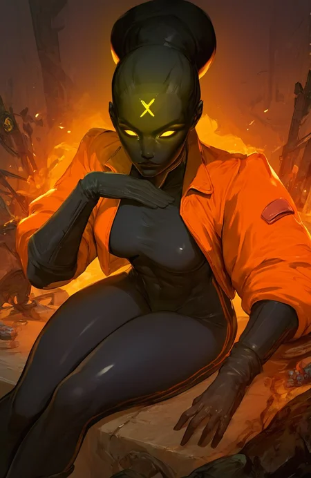 score_9, score_8_up, score_7_up,
beautiful athletic haze_dl, 1girl, sexy, yellow eyes, glowing, dark skin, glowing eyes, bodysuit, hair bun, gloves, black skin, long legs, orange jacket, 
<lora:cutesexyronutts_style_xl:0.8> <lora:Fant5yP0ny:0.5> <lora:Haze:0.9>