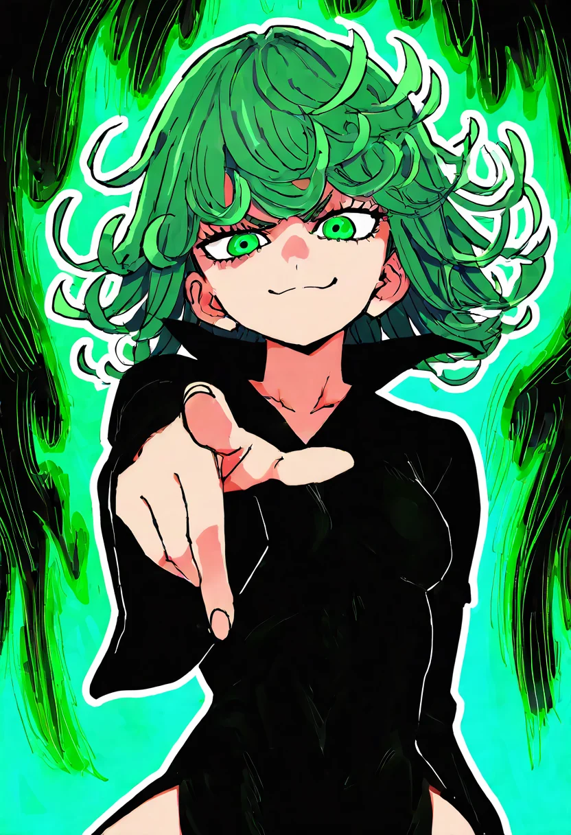 masterpiece, best quality, medium breasts, (curvy), zzTatsumaki, green eyes, green hair, black dress, glowing, green glow, aura, energy, smile, smug, pointing at viewer, foreshortening, aura, abstract background, white outline, upper body, <lora:TatsumakiNAI:1.0>,,