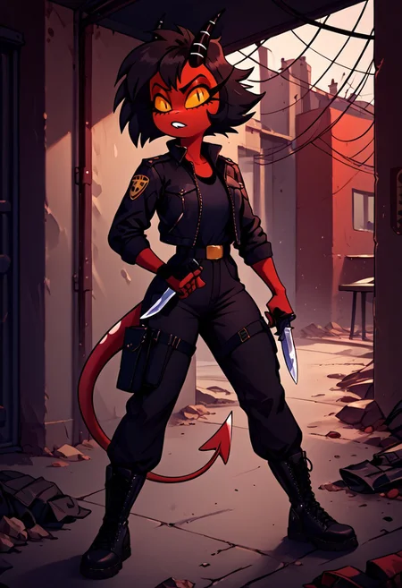 Millie, yellow sclera, slit pupils, red skin, black hair, short hair, horn, demon tail, demon girl, leather jacket, black cargo pants, army boots, KN1F3L1CKV1, holding_knife, knife, holding_weapon, bunker interior
score_9, score_8_up, score_7_up, score_6_up