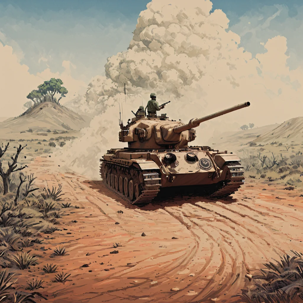 During a tense standoff in the Indo-Pakistani War, a cntrntnk tank of the Indian Army holds a strategic position on a dusty ridge, its gun aimed towards a disputed border, ready to defend its territory. ((pulp_comic, heavy_lines, hand_drawn, hand_inked, hand_colored, perfect_face, apxlz))