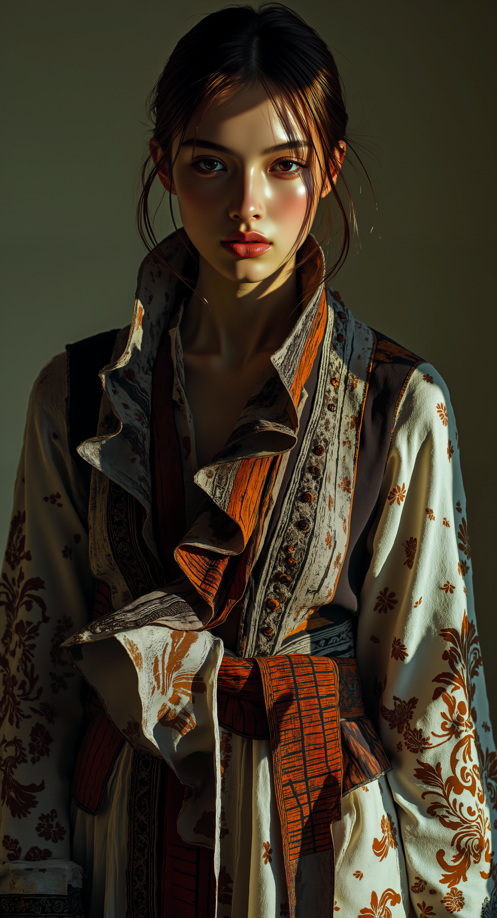 A refined editorial photograph of a model wearing a ceremonial robe inspired by ancient Ainu patterns and JÅmon fire-flame pottery, fused with Scandinavian minimalism. Bold spiral motifs and flame-like protrusions flow across the fabric, dyed in earthen reds, charcoal, oxidized bronze, and ivory. Rugged hand-dyed linen textures with subtle, carved-like detailing. The garment appears both mystical and contemporary, channeling spiritual energy from the earth. 
break
elegant pose, (three quarter view:0.6), (from above:0.2), (dutch angle:0),cowboyshot, looking away,
break
mwv7_alpha_v01, <lora:Midjourney_Whisper_V7_alpha_v01:1>,  midjourney_whisper_avant_couture, <lora:midjourney_whisper_avant_couture_v01:0.8>,