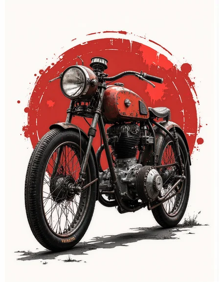 A graphic illustration, black and white, of a vintage cafe racer motorcycle with a vibrant red fuel tank.
<lora:Dieselcore:0.8> d1eselc0re <lora:Glitchcore_Flux:0.2> gl1tchc0re