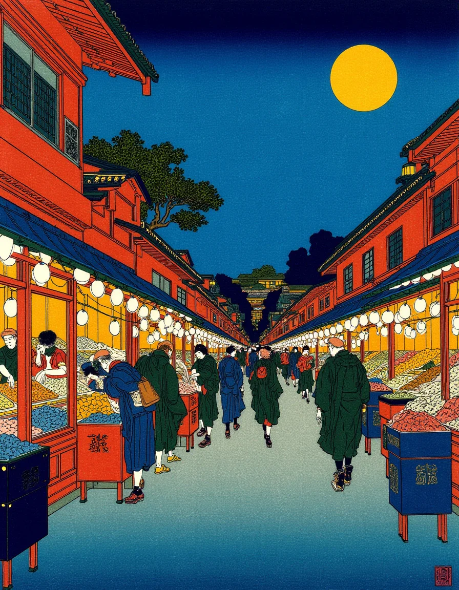 Ukiyo-e style by Hokusai, showcasing a bustling urban street market at dusk, the stalls lit with string lights, vibrant and colorful