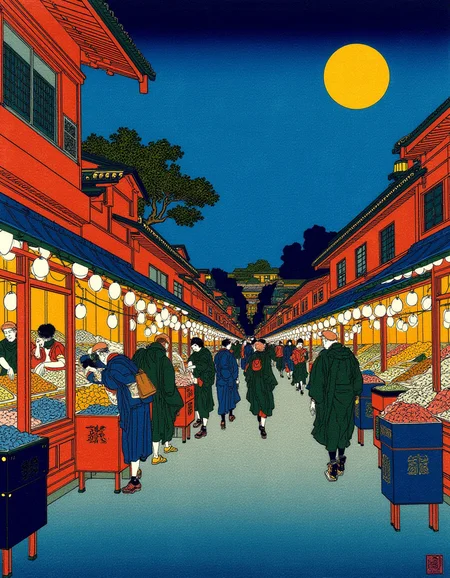 Ukiyo-e style by Hokusai, showcasing a bustling urban street market at dusk, the stalls lit with string lights, vibrant and colorful
