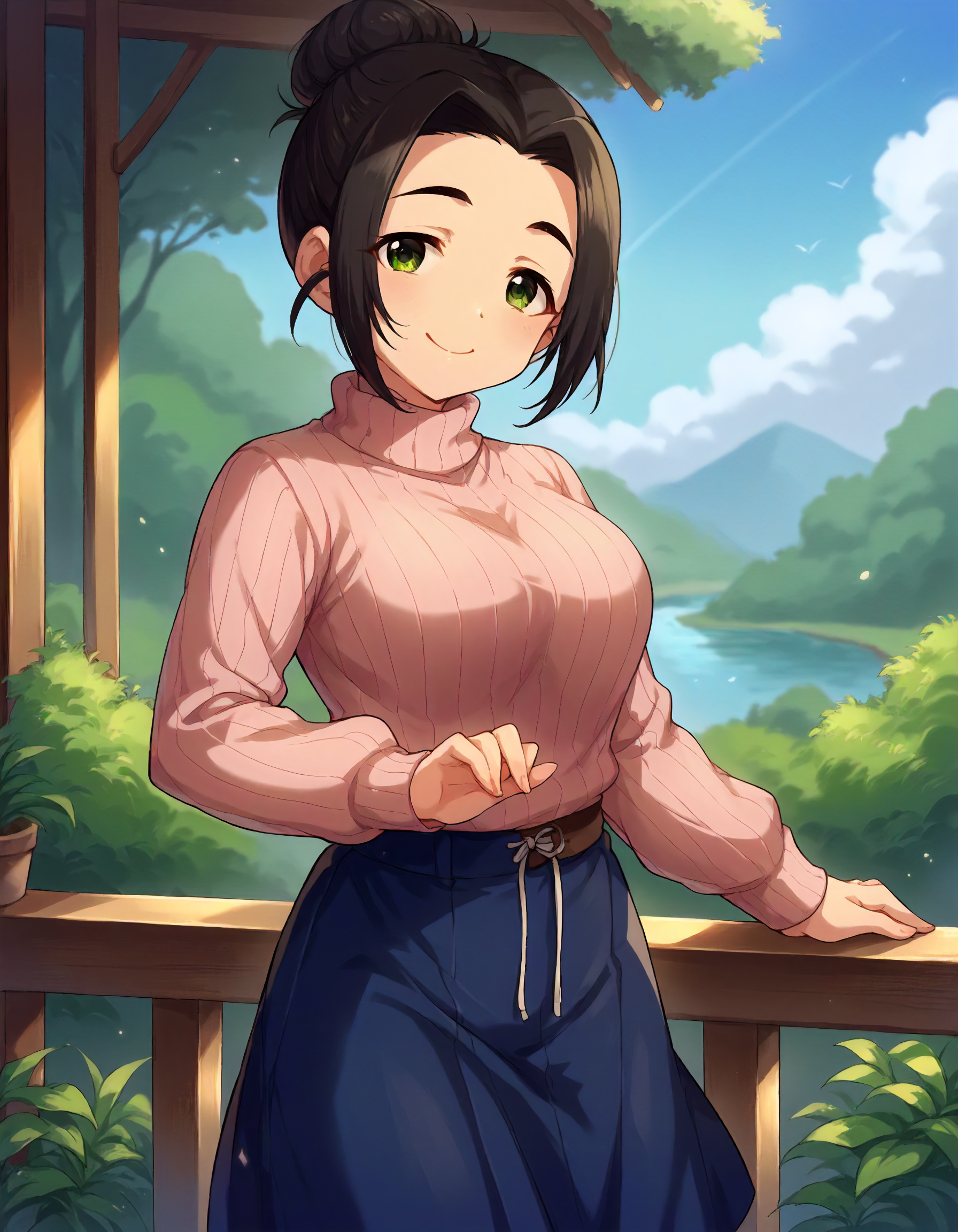 score_9,score_8_up,score_7_up,1girl,solo,cowboy shot,looking at viewer,smile,closed mouth,outdoors,
<lora:ebiharanaho_ponyXLV6:0.8>,cgen,enha,black hair,single hair bun,green eyes,
pink ribbed sweater,blue skirt