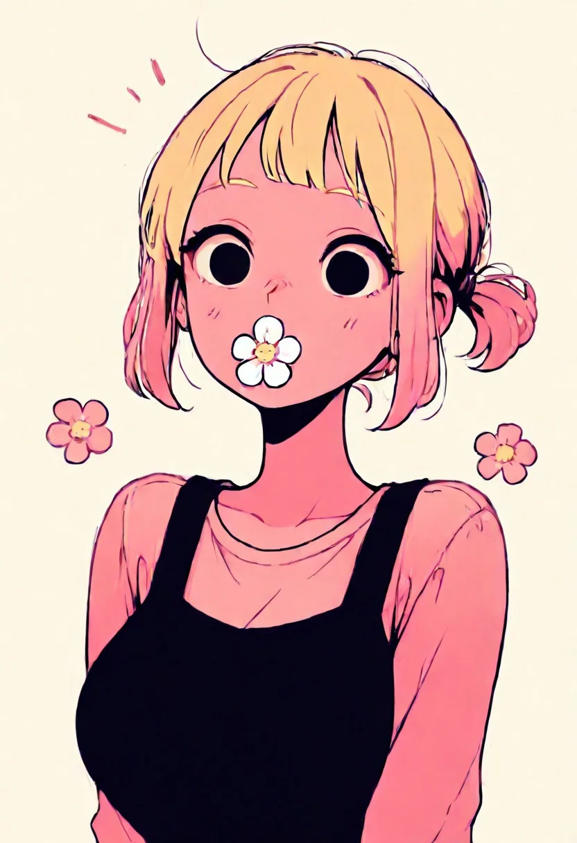 masterpiece, best quality,
 background,
1girl, mature female, short bangs,  blonde and pink hair, estatic expression, flowers in mouth,(short ponytail), black eyes,  surprised face, bouncy,
limited palette, 
very awa, flat color,
