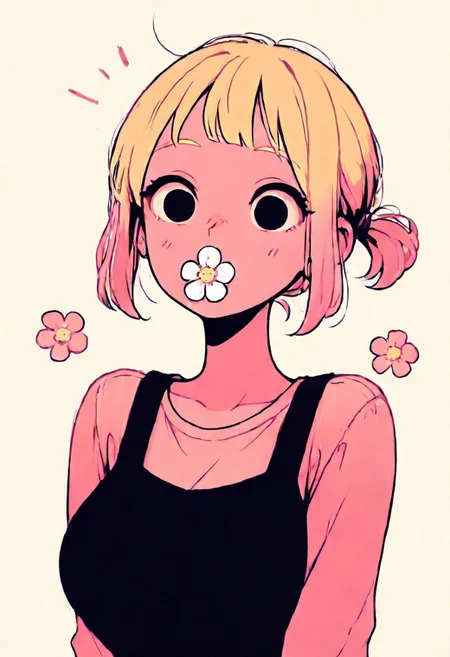 masterpiece, best quality,
 background,
1girl, mature female, short bangs,  blonde and pink hair, estatic expression, flowers in mouth,(short ponytail), black eyes,  surprised face, bouncy,
limited palette, 
very awa, flat color,