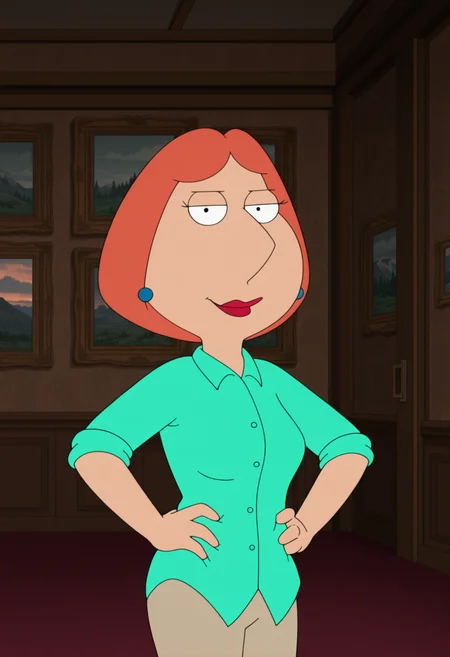masterpiece, best quality, amazing quality, lo1sgf, 1girl, orange hair, blue earrings, aqua shirt, beige pants, hands on hips, smirk, seductive, looking at viewer, upper body, indoors, cinematic shot,