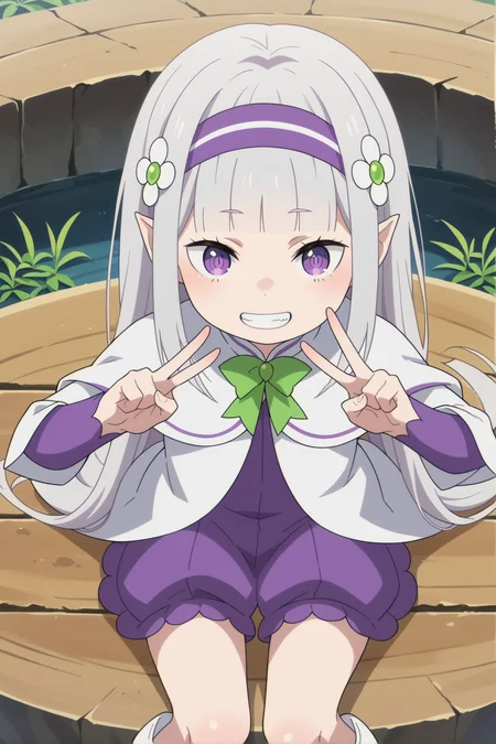 score_9, score_8_up,
<lora:LolimiliaXL-000030:1>,1girl, long hair, grey hair, hair flower, bangs, pointy ears, hairband, solo, blunt bangs,  white capelet, long sleeves, looking at viewer, purple dress, very long hair, sitting,white footwear, knee boots,, green bow, from above, grin, purple eyes, double v, smug,
outdoors, forest,
anime screencap, anime coloring,source_anime,