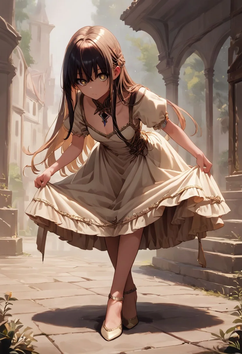 score_9, score_8_up, score_7_up, source_anime, high res image, masterpiece, best quality, girl, clear skin, shiny hair, detailed eyes, 1girl, solo, full body, long hair, vintage dress, skirt hold bowing, crossed legs, leaning forward