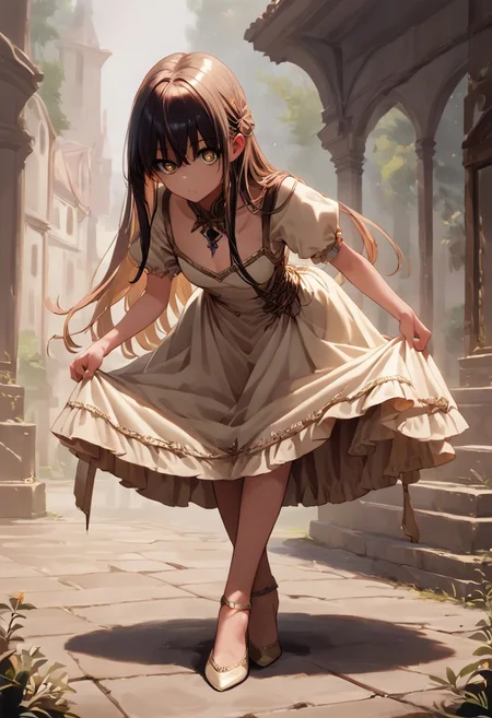 score_9, score_8_up, score_7_up, source_anime, high res image, masterpiece, best quality, girl, clear skin, shiny hair, detailed eyes, 1girl, solo, full body, long hair, vintage dress, skirt hold bowing, crossed legs, leaning forward