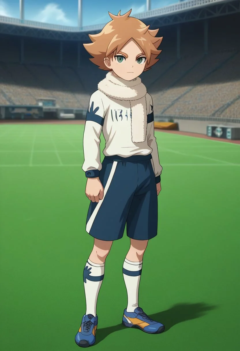 score_9, score_8_up, source_anime, highly detailed, 1boy, solo, male_focus, slender, skinny,
aiden, 1boy, male focus, solo, scarf, sportswear, stadium, orange hair, white scarf, soccer uniform, full body,
outdoor,
