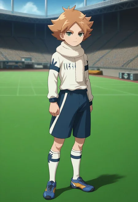 score_9, score_8_up, source_anime, highly detailed, 1boy, solo, male_focus, slender, skinny,
aiden, 1boy, male focus, solo, scarf, sportswear, stadium, orange hair, white scarf, soccer uniform, full body,
outdoor,