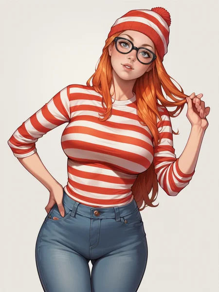 score_9, score_8_up, score_7_up, score_6_up, <lora:w4ld0:0.6> w4ld0, striped beanie, striped, glasses, jeans, striped shirt, solo, 1girl, ginger hair, long hair, grey eyes, large breasts, curvy