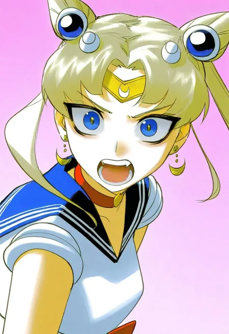 v1nn13, solo, fisheye view.
sailor moon, blonde hair, blue eyes, open mouth, aggressive, surprised, angry.
pink background