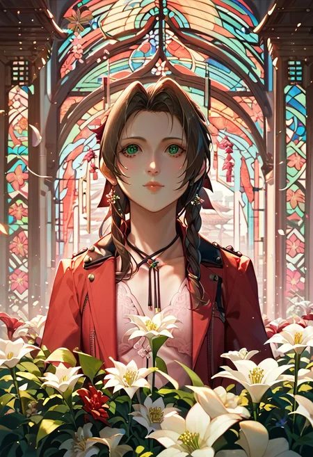 (score_10, score_9_up, score_8_up, score_7_up,) 1girl, aerith gainsborough, brown hair, braid, long hair, green eyes, hair ribbon, pink dress, red jacket, cropped jacket, best quality, high quality, masterpiece, highres, cathedral interior, flower, white lilies, stained glass, extremely detailed CG, extremely detailed 8K wallpaper, extremely detailed character, solo, sharp focus, dramatic angle, cinematic lighting, extremely delicate and beautiful, absurdres, incredibly_absurdres, bloom, glow, bokeh, jewelry, ornaments, Painstaking Attention To Details,
