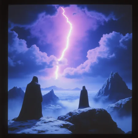 ArsMovieStill, 80s Fantasy Movie Still, The image shows two silhouetted figures standing on a rocky cliff overlooking a vast landscape. The sky is filled with dark clouds and a bright purple and blue lightning bolt is striking down from the top of the image. The lightning bolt appears to be glowing brightly creating a dramatic and powerful scene. The figures are facing away from the viewer with their backs to the viewer. The cliff is covered in snow and ice and the sky is a deep blue. The image is framed by a black border giving it a dramatic feel., cloud, sky, scenery, lightning, cloudy sky, outdoors, 1boy, night, standing, 1girl