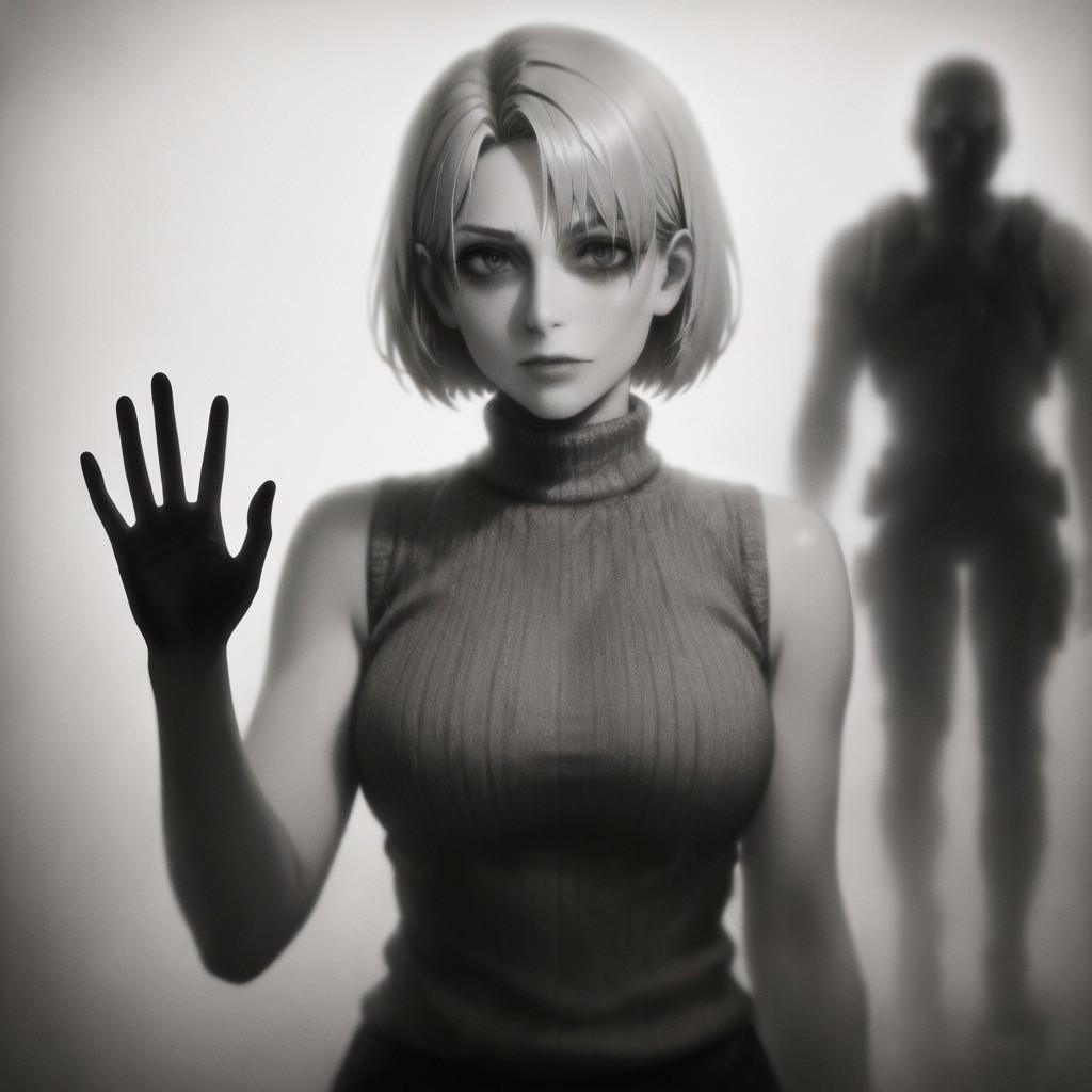 masterpiece, best quality, newest, absurdres, highres, 
IBWV1.0, silhouette, blurry, monochrome, window, glass, 
1girl, ashley graham (resident evil), 
sleeveless, sleeveless sweater, sleeveless tutrleneck, turtleneck, short hair, curtained hair,