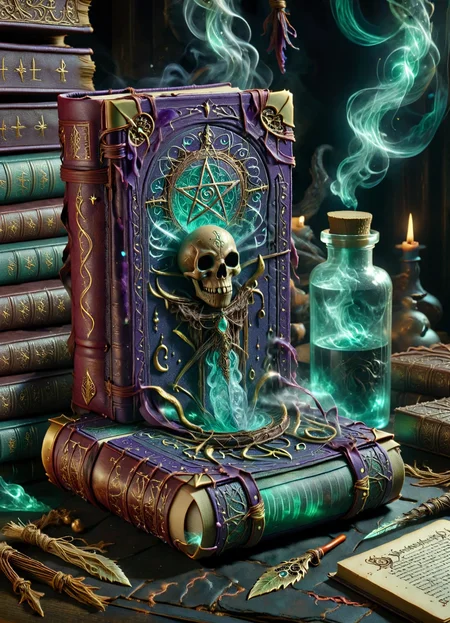DonM50u13ff1g13XL spellbooks, case binding, leatherbound, lachrymotion (a fictional liquid), bookmarks <lora:DonM50u13ff1g13XL:1>