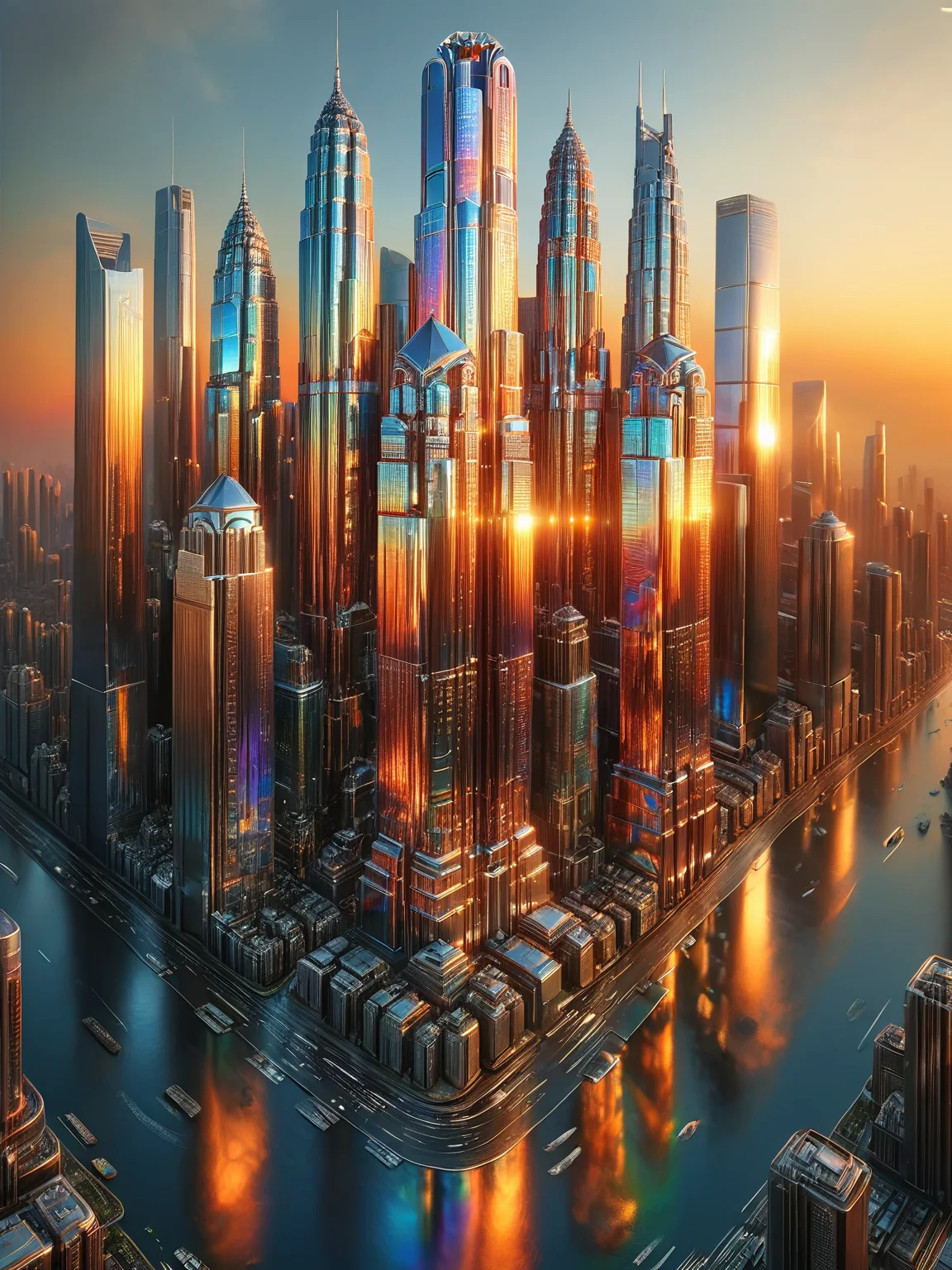 An intricate cityscape with ais-metalz skyscrapers, reflecting the vibrant hues of the setting sun and bustling city lights below, viewed from a high vantage point <lora:Metallic_Iridescence_SDXL:1>