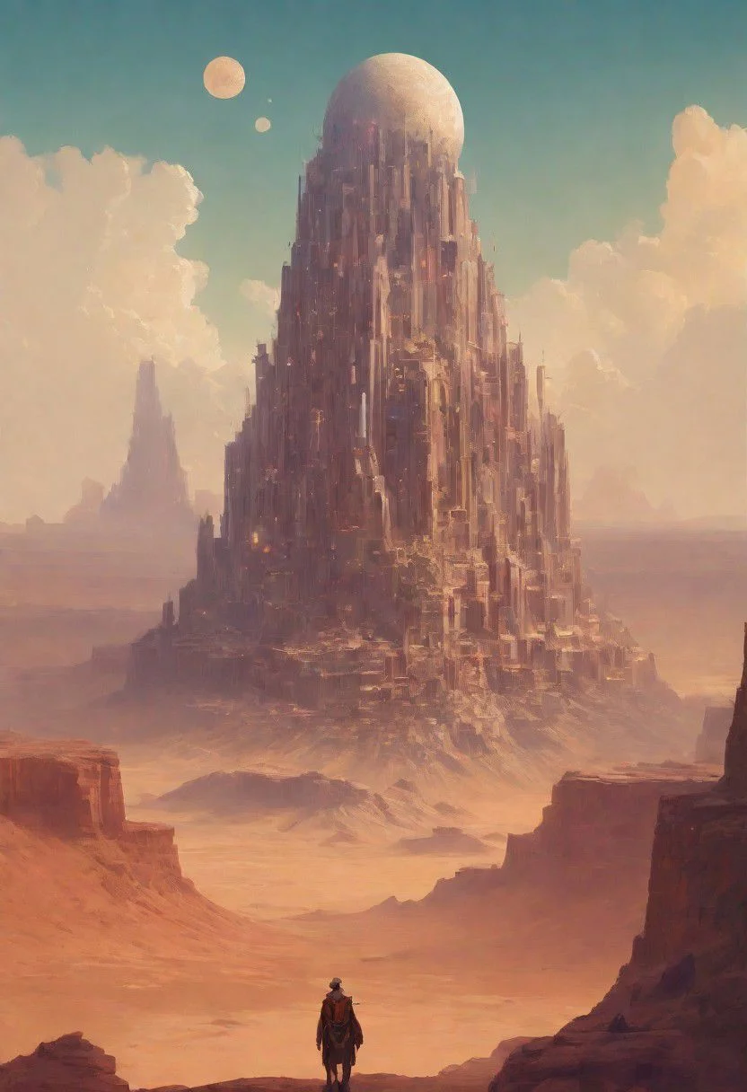 celestial sky, Loish, Leyendecker, james gilleard, celestial, ethereal, massive structure in distance, giant city, lost in desert