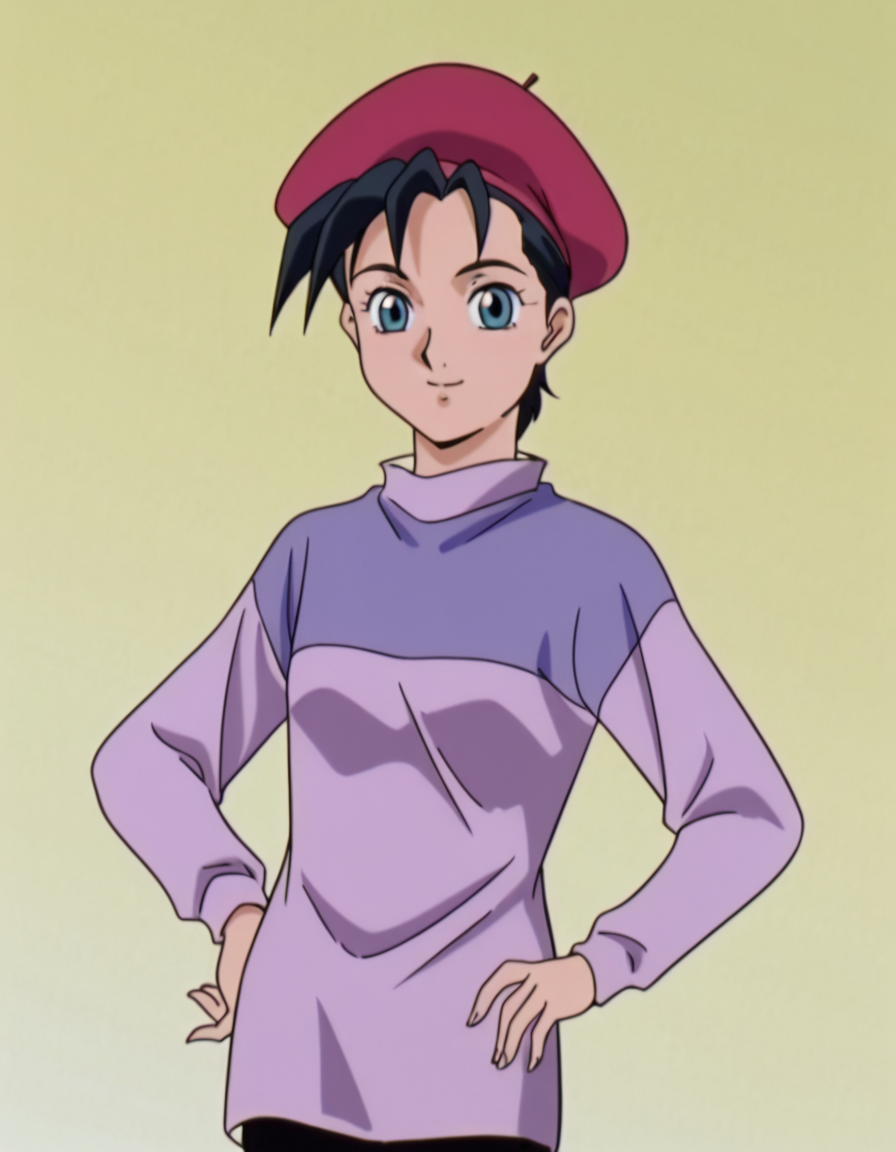 <lora:HildeSchbeikerGundamWingIllustrious1.0JLFO:1> hilde, 1girl, 1990s, retro artstyle, black hair, solo, short hair, blue eyes, beret, purple sweater, looking at viewer, hand on own hip, cowboy shot,simple background, smile, upper body,