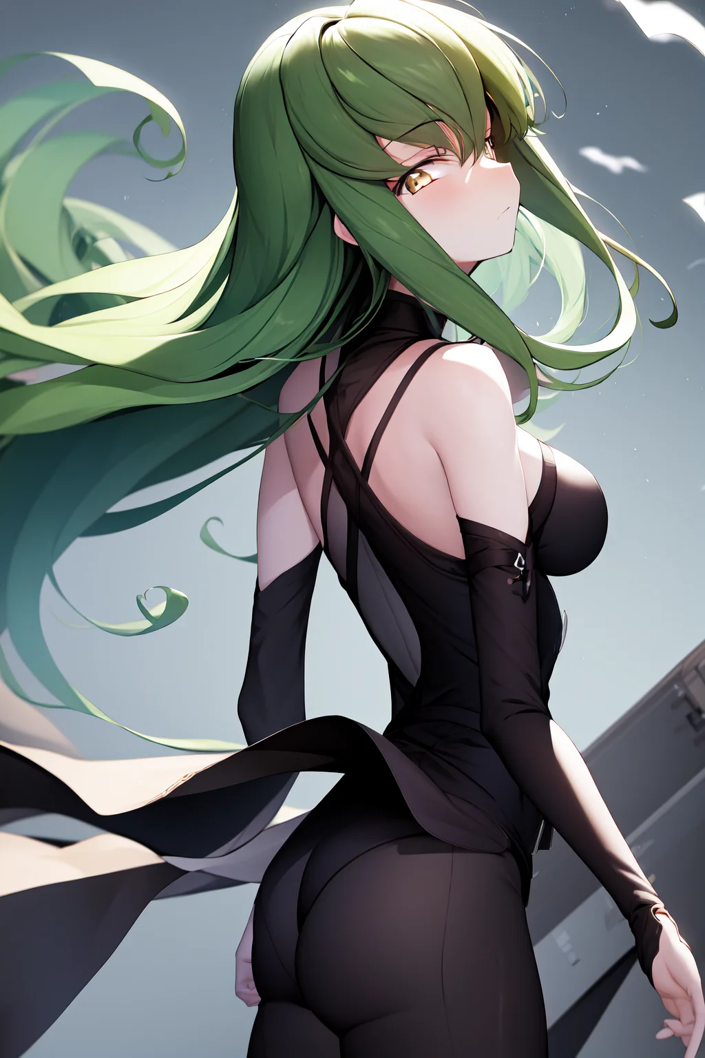 masterpiece, best quality, highres, 1girl, CC, green hairs, expressionless, wind blowing, standing, from behind, looking at viewer, shaft head tilt  <lora:shaft_head_tilt2:1.2>  <lora:TsumasakyCCCodeGeass_v1:1>