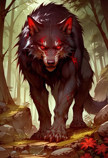 score_9, score_8_up, score_7_up, source_anime, solo, looking at the viewer, ( Giant wolf, red eyes,  black fur, tail), scary, simple background, (detailed image, high resolution, 5k resolution:1.0),  (forest, rocks, plants)