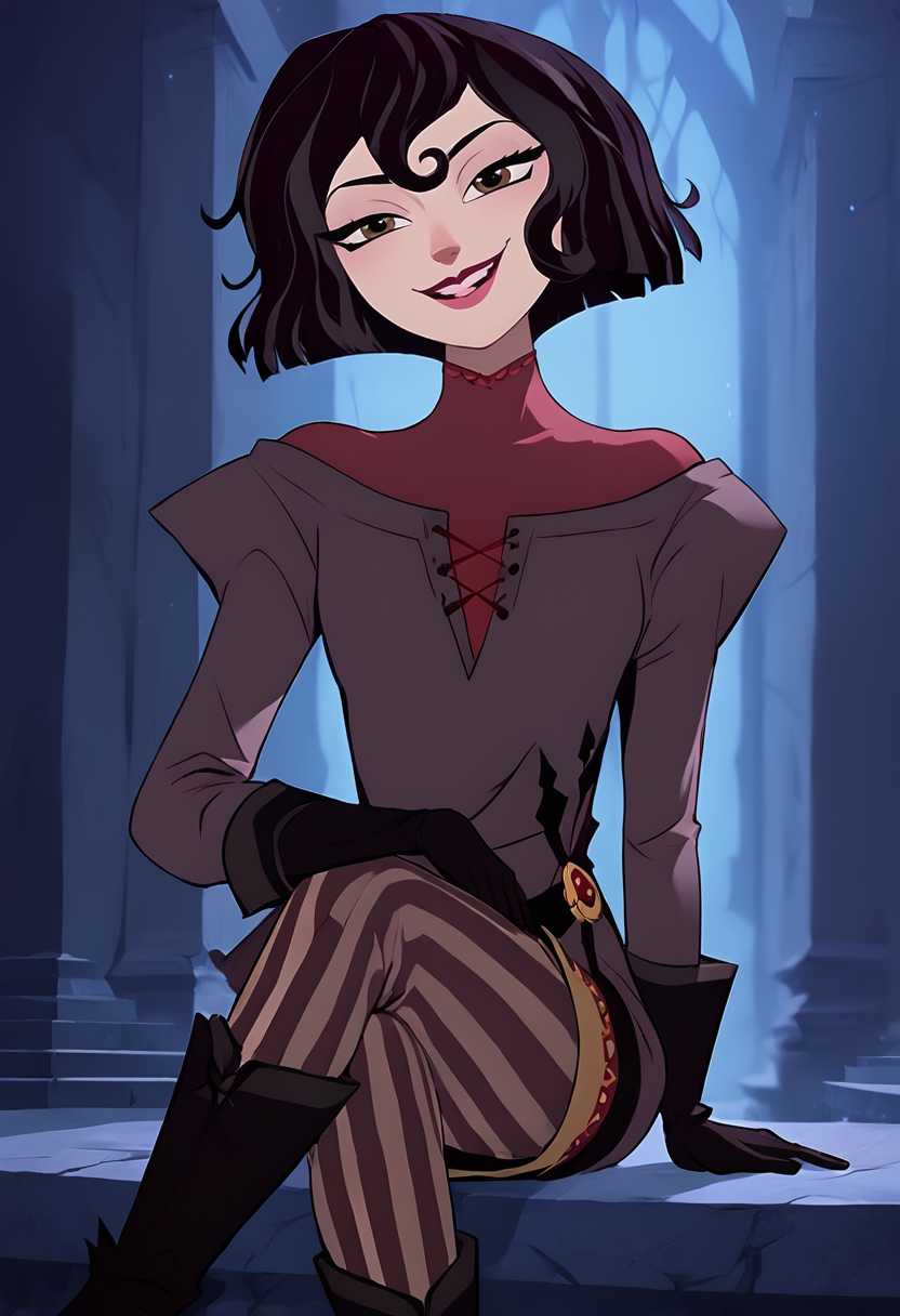 score_9, score_8_up, score_7_up,score_6_up, source_anime,g4n1m3, <lora:g4n1m3XLP:1>
BREAK
cassandra, 1girl,black hair,dress, short hair,sitting,gloves, crossed legs, seductive smile,brown eyes,striped pants,   <lora:cassandra-07:1.0>