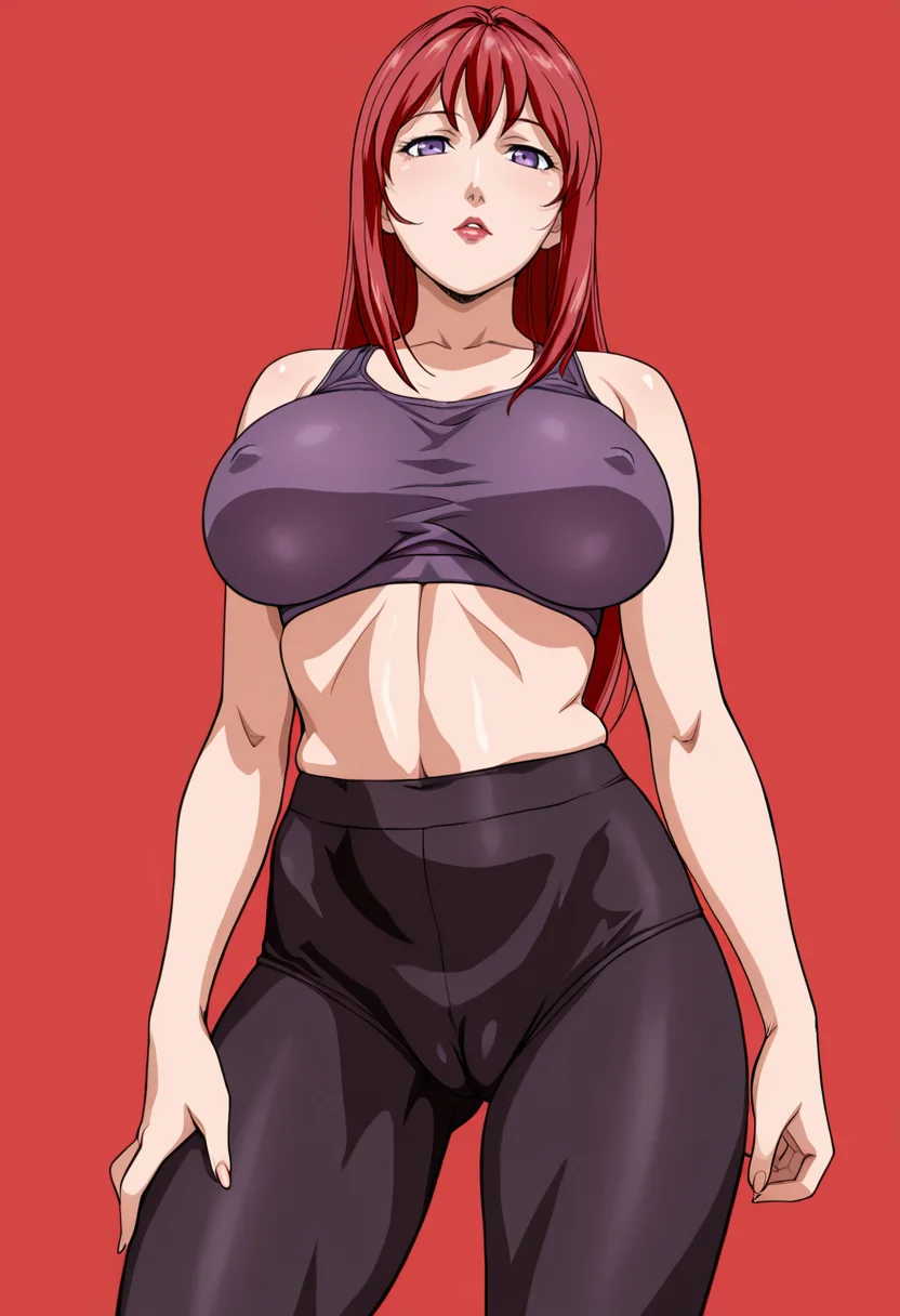 masterpiece, best quality, 
1girl, solo, 
standing, cowboy shot, 
looking at viewer, 
<lora:Hiroko_Takashiro:1> H1r0k0T4k4sh1r0, mature female, red hair, purple eyes, long hair, large breasts, lipstick, makeup,
sports bra, leggings, skindentation, covered nipples, cameltoe, 
simple background, red background,
