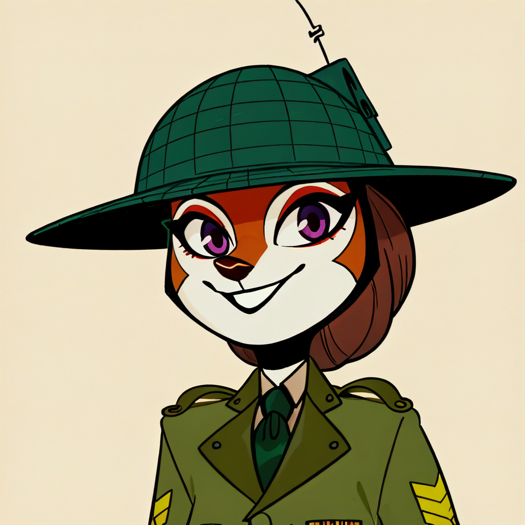 score_9, score_8_up,masterpiece, best quality, amazing quality, masterpiece, best quality, amazing quality, very aesthetic, high resolution, ultra-detailed, absurdres, newest, 
Simple background,
portrait,
solo, 1girl,
guilty smile,
Holding a whistle,
Mouritzeen, female, anthro, fox, purple eyes, red fur, white face, expressive eyebrows, brown hair, military uniform, olive green jacket, retro military style, green pith helmet,
