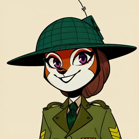 score_9, score_8_up,masterpiece, best quality, amazing quality, masterpiece, best quality, amazing quality, very aesthetic, high resolution, ultra-detailed, absurdres, newest, 
Simple background,
portrait,
solo, 1girl,
guilty smile,
Holding a whistle,
Mouritzeen, female, anthro, fox, purple eyes, red fur, white face, expressive eyebrows, brown hair, military uniform, olive green jacket, retro military style, green pith helmet,
