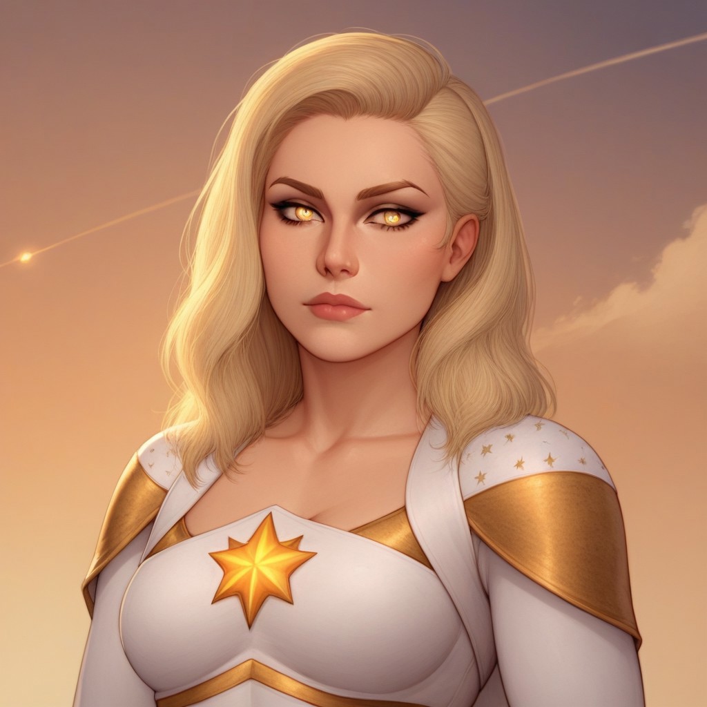 2d, score_9, score_8_up, score_7_up, score_6_up, score_5_up, score_4_up, Expressiveh, 1 girl, solo, intricate details, rating_adult, Expressiveh, WJS07style. starlight, blonde hair, beautiful woman, glowing_yellow_eyes, starlight_costume, sky background, clouds. sunshine in background.